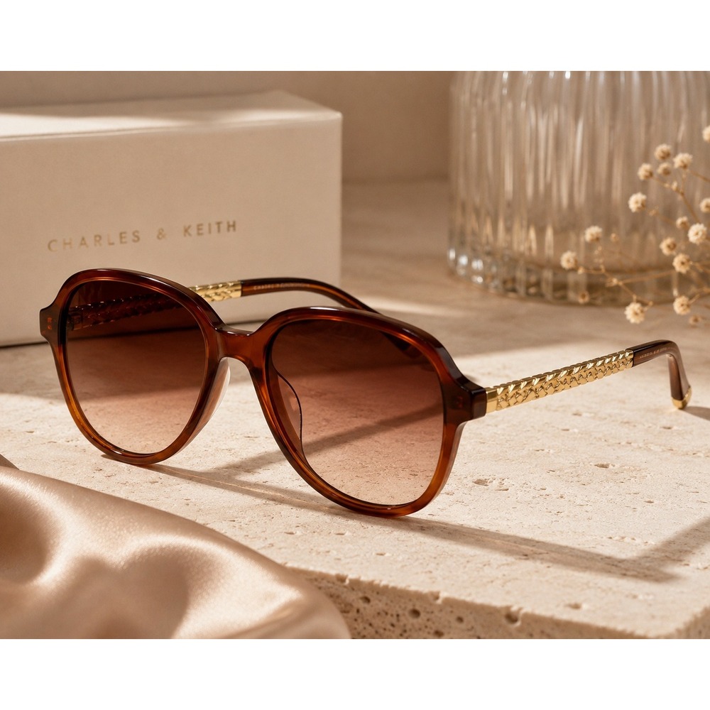Charles & Keith Brown Acetate Aviator Sunglasses Gold Braided Temple